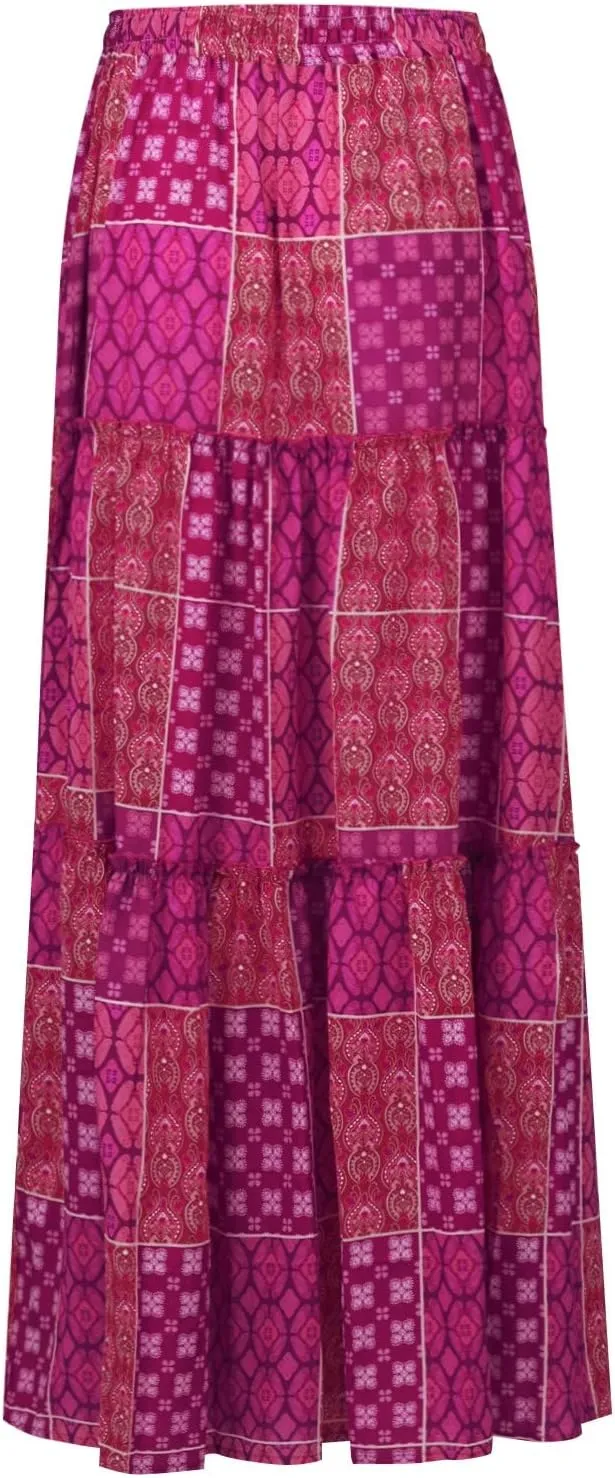 Maxi Skirts for Women Summer Boho A-Line Flowy Ruffle Tiered Elastic High Waist Beach Long Skirts with Pockets