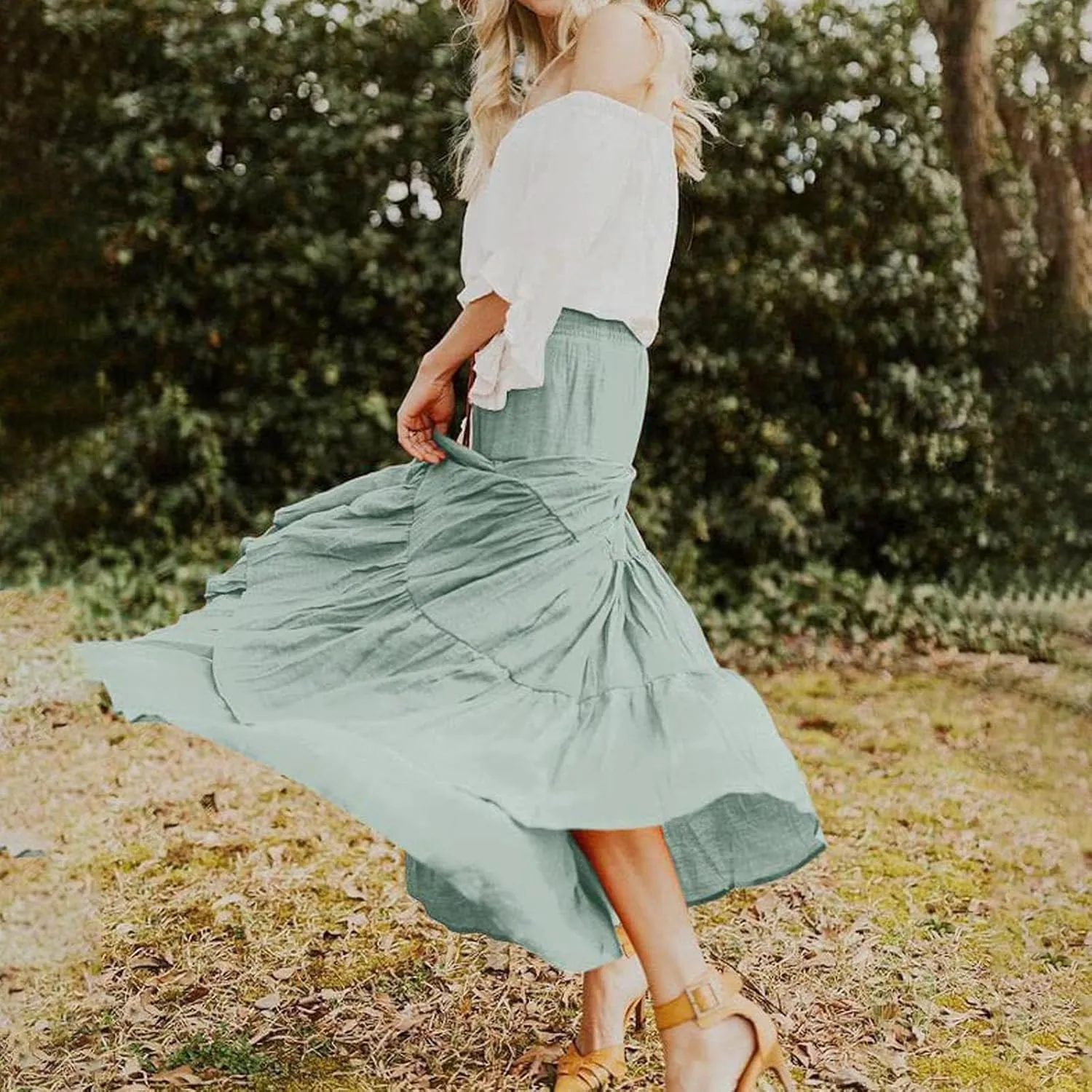 Maxi Skirts for Women Summer Boho A-Line Flowy Ruffle Tiered Elastic High Waist Beach Long Skirts with Pockets