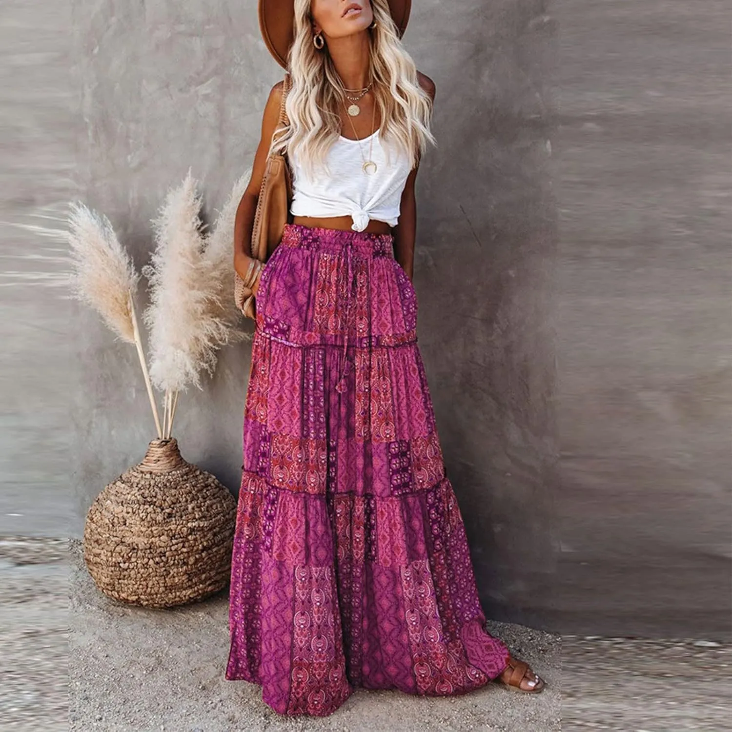 Maxi Skirts for Women Summer Boho A-Line Flowy Ruffle Tiered Elastic High Waist Beach Long Skirts with Pockets