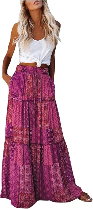 Maxi Skirts for Women Summer Boho A-Line Flowy Ruffle Tiered Elastic High Waist Beach Long Skirts with Pockets