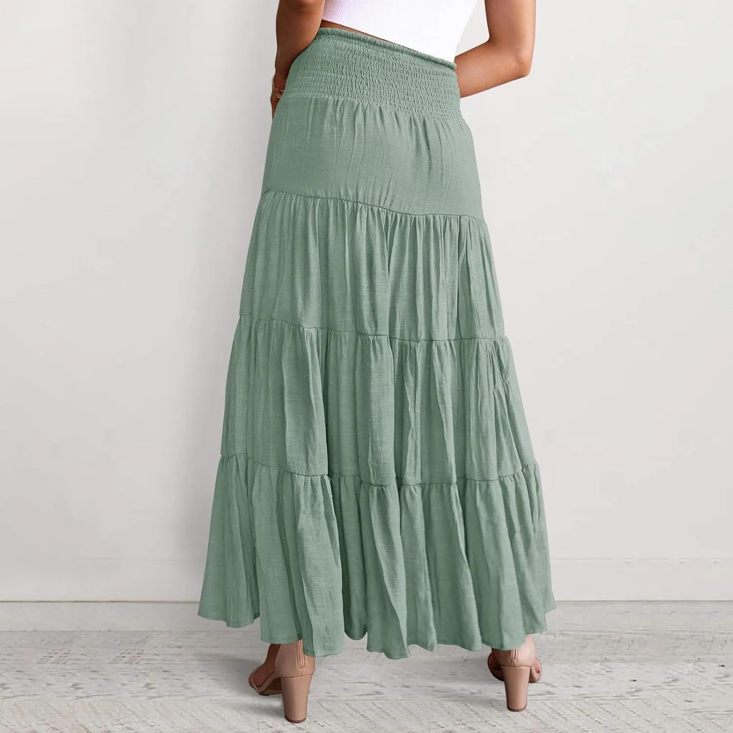 Maxi Skirts for Women Summer Boho A-Line Flowy Ruffle Tiered Elastic High Waist Beach Long Skirts with Pockets