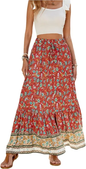 Maxi Skirts for Women, Wrap Drawstring Tiered Flowy Skirts 2025 Trendy Long Boho Skirt Spring Summer Bohemian