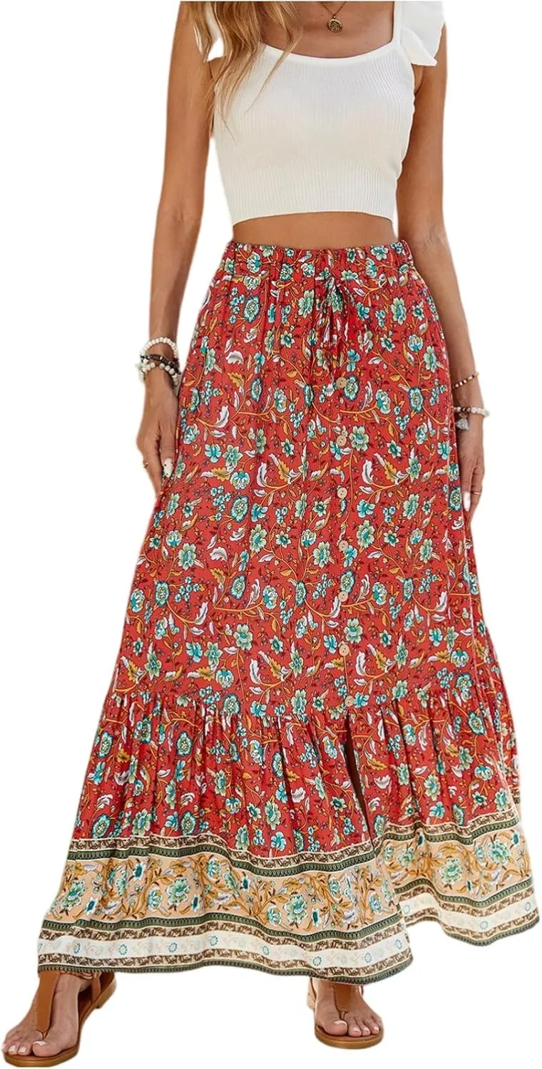 Maxi Skirts for Women, Wrap Drawstring Tiered Flowy Skirts 2025 Trendy Long Boho Skirt Spring Summer Bohemian