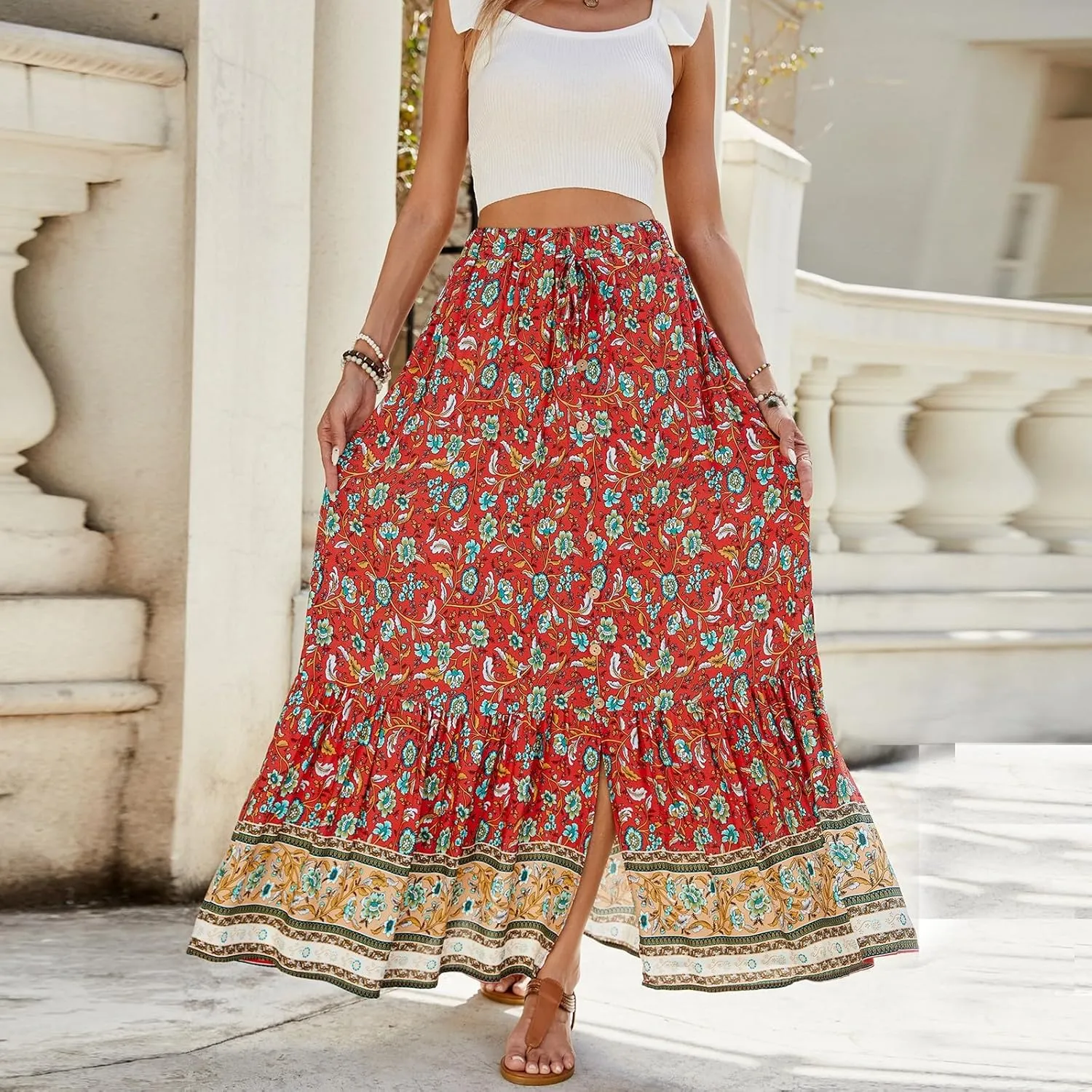 Maxi Skirts for Women, Wrap Drawstring Tiered Flowy Skirts 2025 Trendy Long Boho Skirt Spring Summer Bohemian