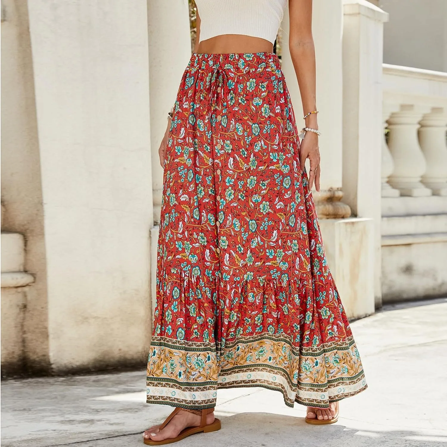 Maxi Skirts for Women, Wrap Drawstring Tiered Flowy Skirts 2025 Trendy Long Boho Skirt Spring Summer Bohemian