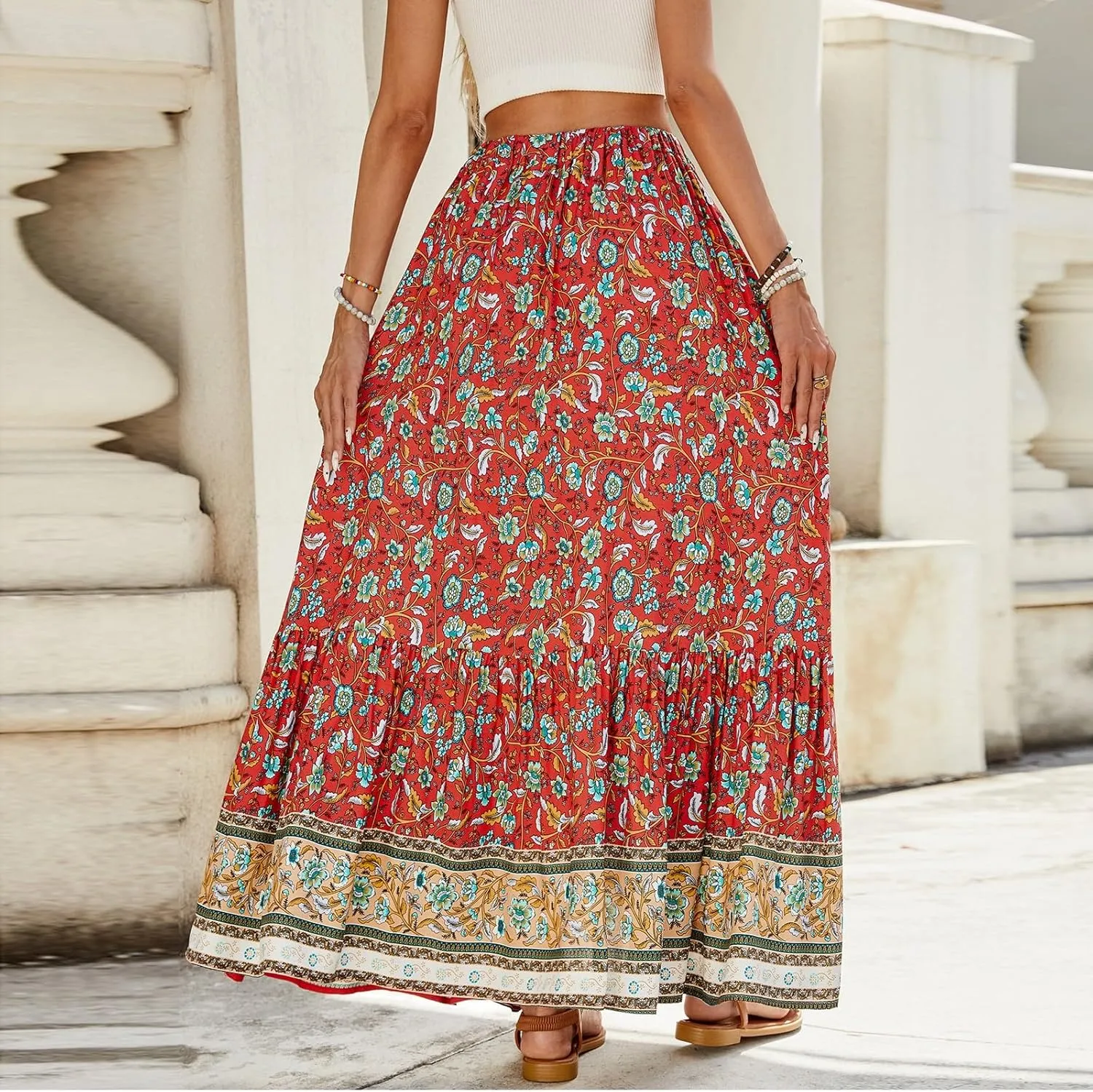 Maxi Skirts for Women, Wrap Drawstring Tiered Flowy Skirts 2025 Trendy Long Boho Skirt Spring Summer Bohemian