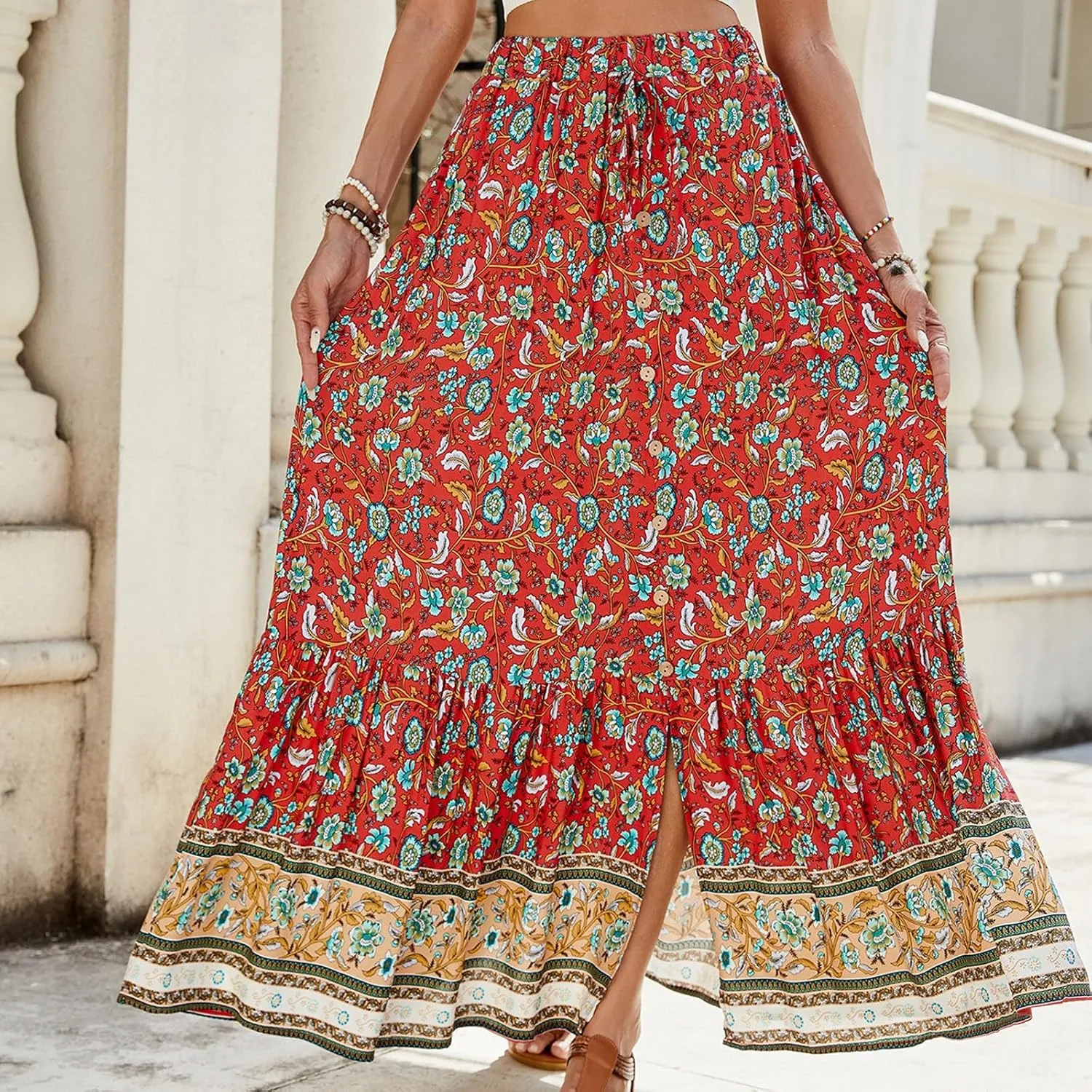 Maxi Skirts for Women, Wrap Drawstring Tiered Flowy Skirts 2025 Trendy Long Boho Skirt Spring Summer Bohemian