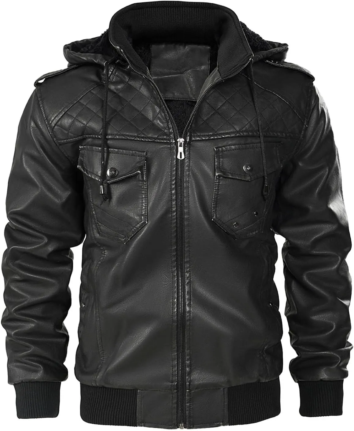 Men Faux Leather Hooded Jacket Fall Winter Thickening Coat Long Sleeve Zip Up Outwear Sports Basic Coat with Pockets