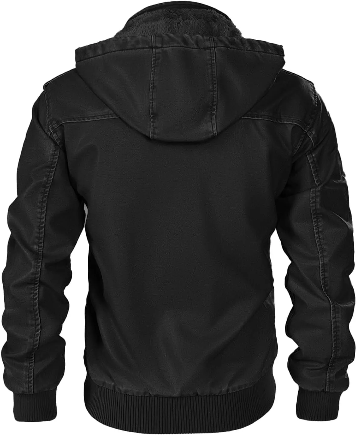 Men Faux Leather Hooded Jacket Fall Winter Thickening Coat Long Sleeve Zip Up Outwear Sports Basic Coat with Pockets