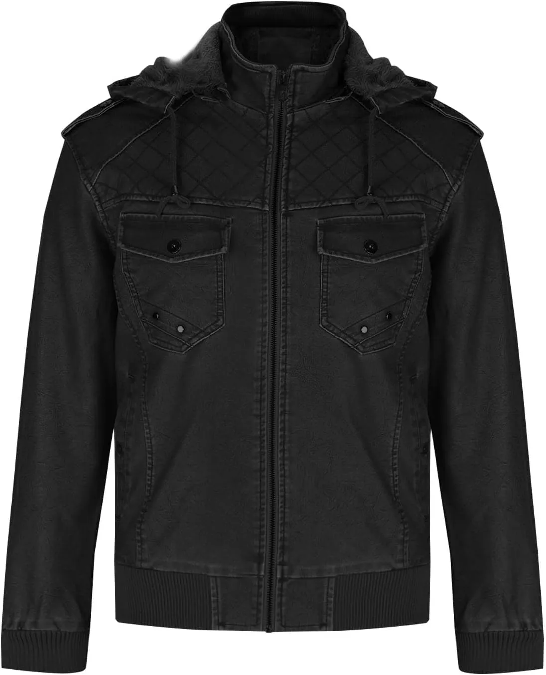 Men Faux Leather Hooded Jacket Fall Winter Thickening Coat Long Sleeve Zip Up Outwear Sports Basic Coat with Pockets