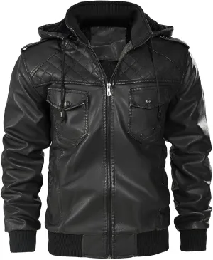 Men Faux Leather Hooded Jacket Fall Winter Thickening Coat Long Sleeve Zip Up Outwear Sports Basic Coat with Pockets