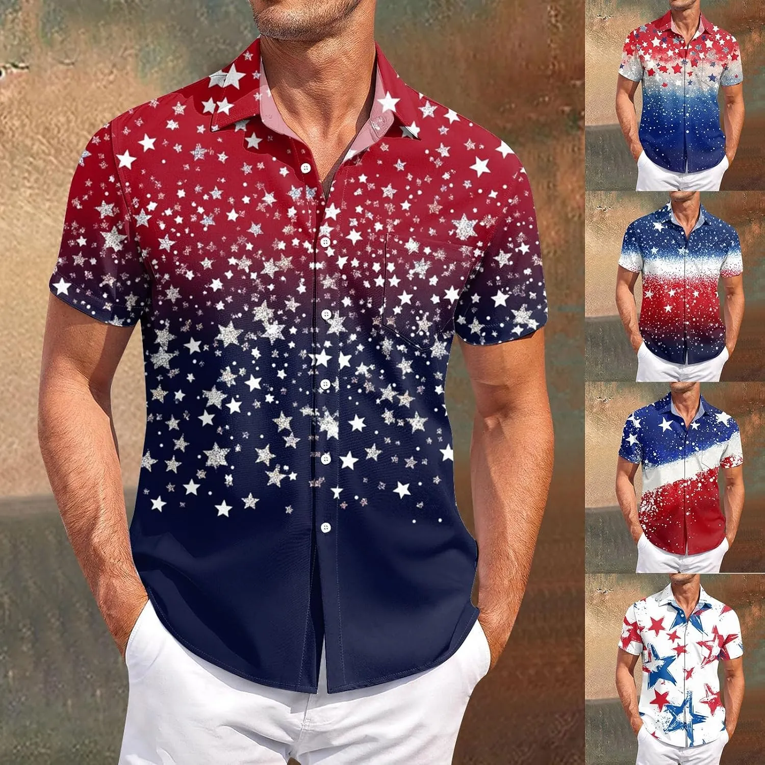 Men's 4th of July Patriotic Shirts Summer Short Sleeve Button-Up American Flag Hawaiian Tropical Aloha Beach Shirts