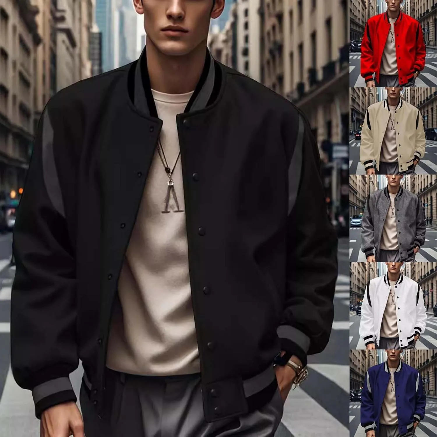 Men's Casual Bomber Jackets Loose Knitted Lightweight Varsity Jacket Fashion Button Down Coat with Pockets Sportswear