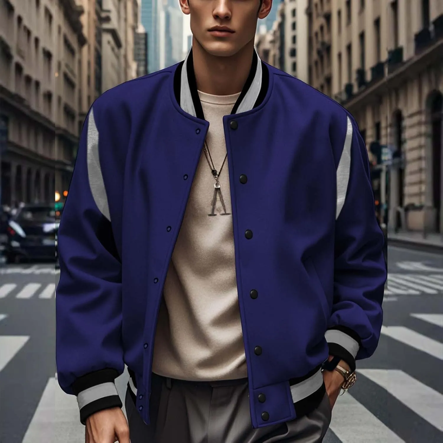 Men's Casual Bomber Jackets Loose Knitted Lightweight Varsity Jacket Fashion Button Down Coat with Pockets Sportswear