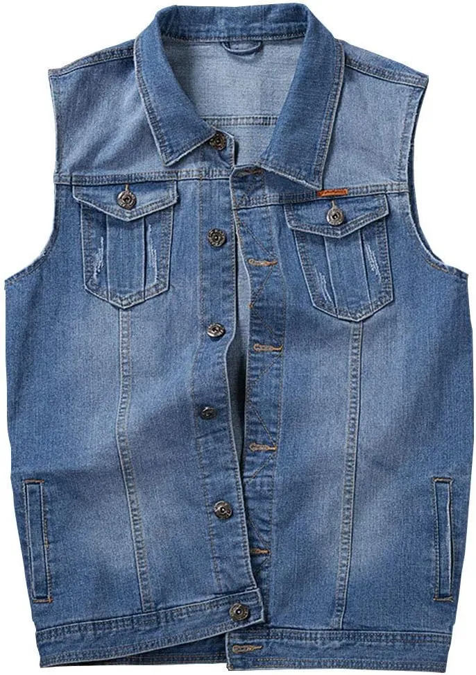 Men's Casual Button Up Denim Vest Vintage Sleeveless Jeans Vest Jacket
