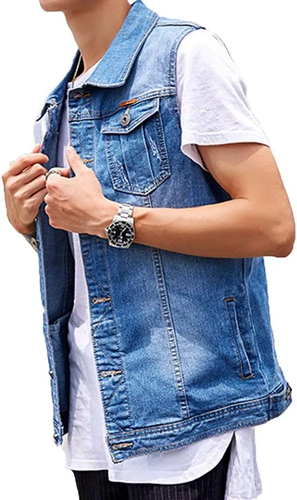 Men's Casual Button Up Denim Vest Vintage Sleeveless Jeans Vest Jacket