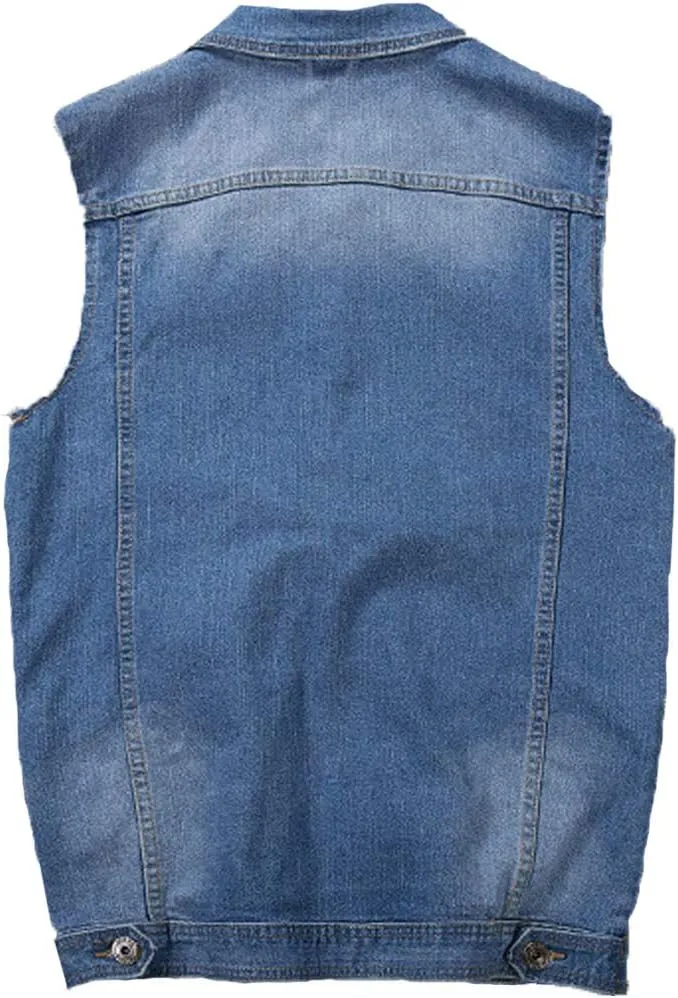 Men's Casual Button Up Denim Vest Vintage Sleeveless Jeans Vest Jacket