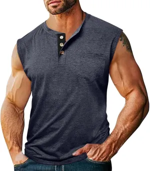 Men's Casual Workout Tank Top Muscle Fit Sleeveless Cut Off Henley T-Shirt Quick Drying Yoga Running Vest Tops