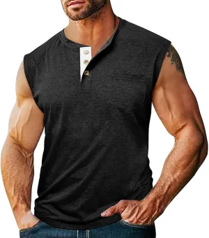 Men's Casual Workout Tank Top Muscle Fit Sleeveless Cut Off Henley T-Shirt Quick Drying Yoga Running Vest Tops