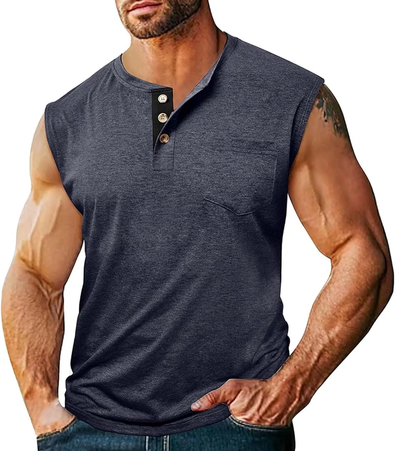 Men's Casual Workout Tank Top Muscle Fit Sleeveless Cut Off Henley T-Shirt Quick Drying Yoga Running Vest Tops