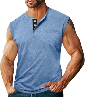 Men's Casual Workout Tank Top Muscle Fit Sleeveless Cut Off Henley T-Shirt Quick Drying Yoga Running Vest Tops