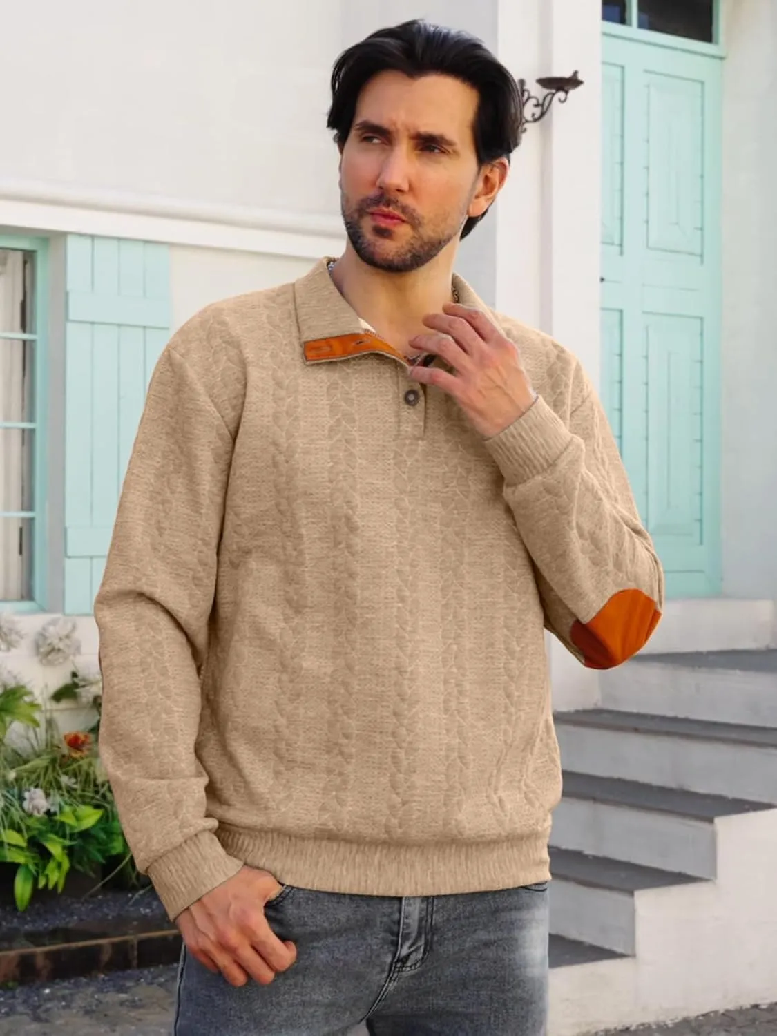 Men's Colorblock Pullover Sweaters Long Sleeve Stand Collar Quarter Button Knitted Sweatshirts Quilted Sweatshirt