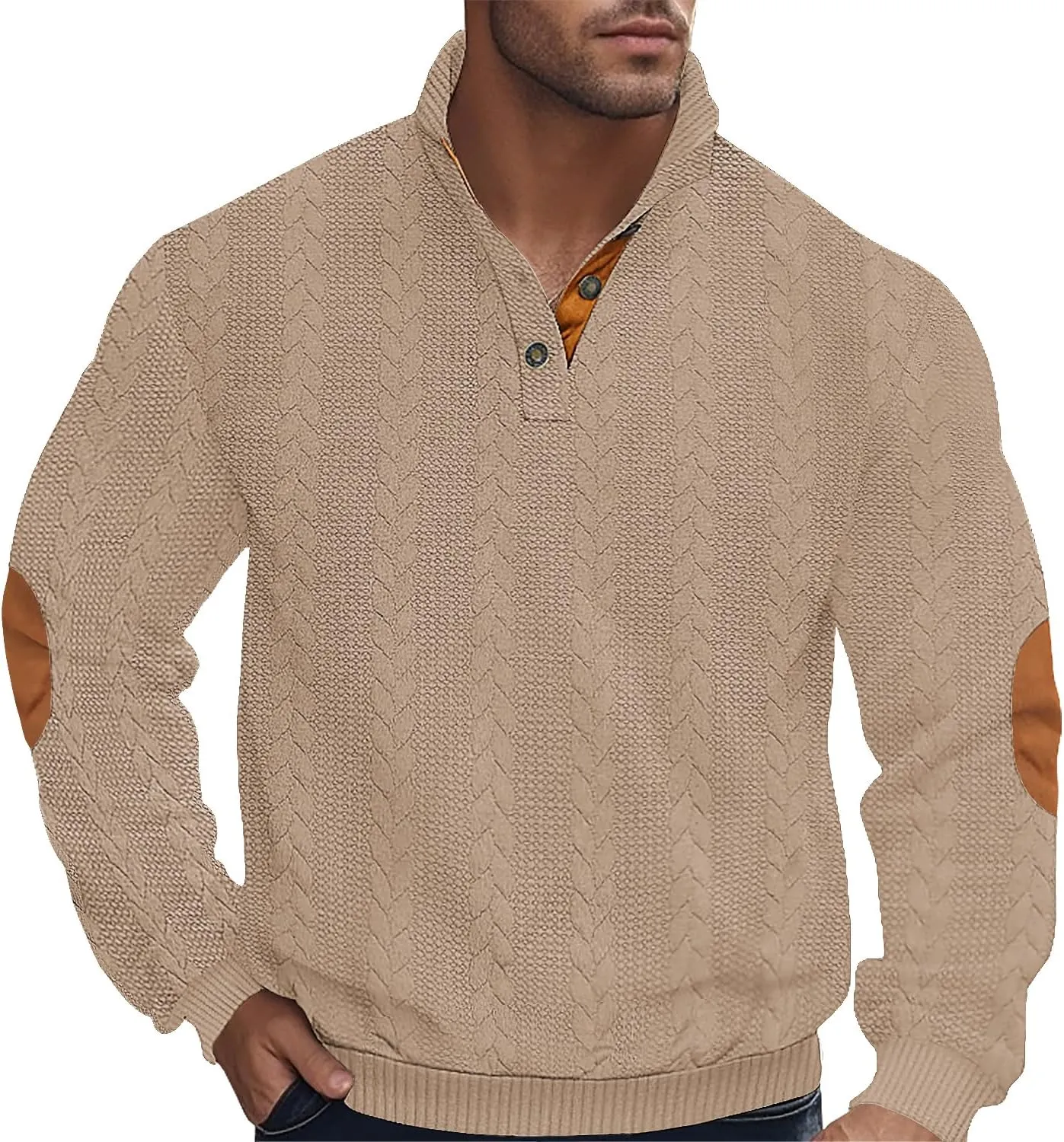 Men's Colorblock Pullover Sweaters Long Sleeve Stand Collar Quarter Button Knitted Sweatshirts Quilted Sweatshirt