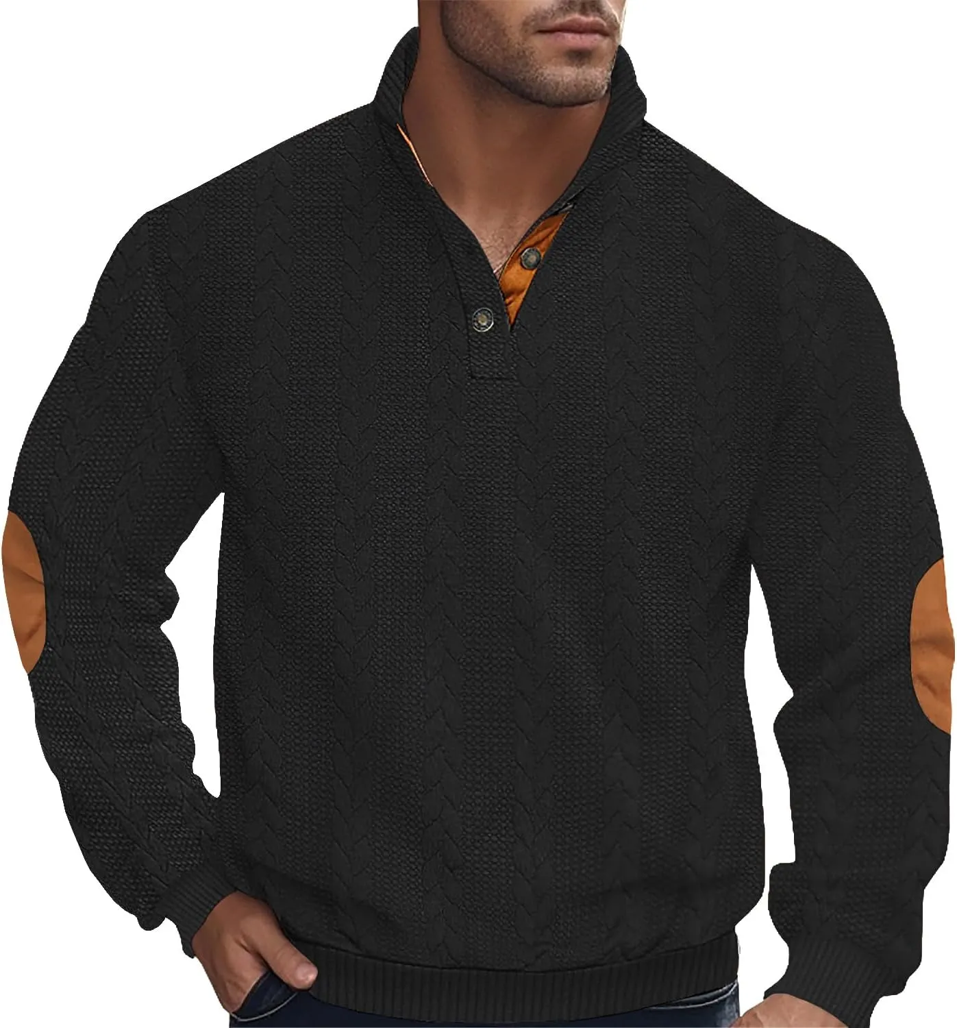 Men's Colorblock Pullover Sweaters Long Sleeve Stand Collar Quarter Button Knitted Sweatshirts Quilted Sweatshirt