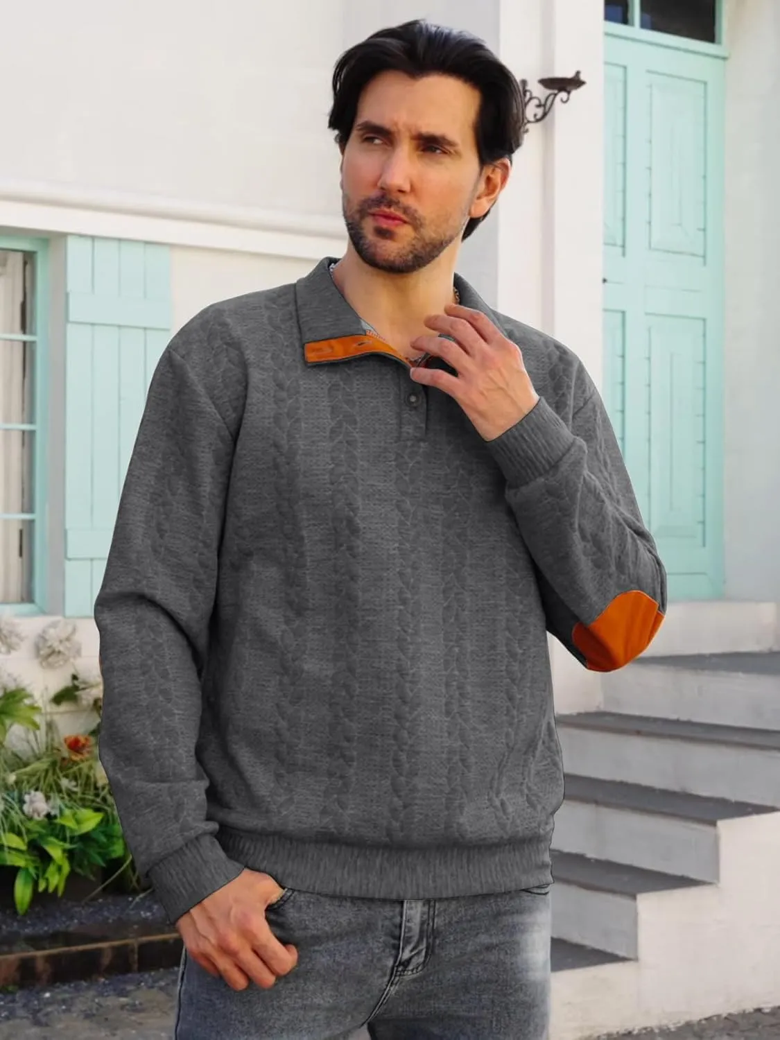 Men's Colorblock Pullover Sweaters Long Sleeve Stand Collar Quarter Button Knitted Sweatshirts Quilted Sweatshirt