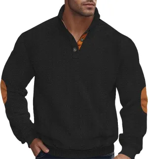 Men's Colorblock Pullover Sweaters Long Sleeve Stand Collar Quarter Button Knitted Sweatshirts Quilted Sweatshirt