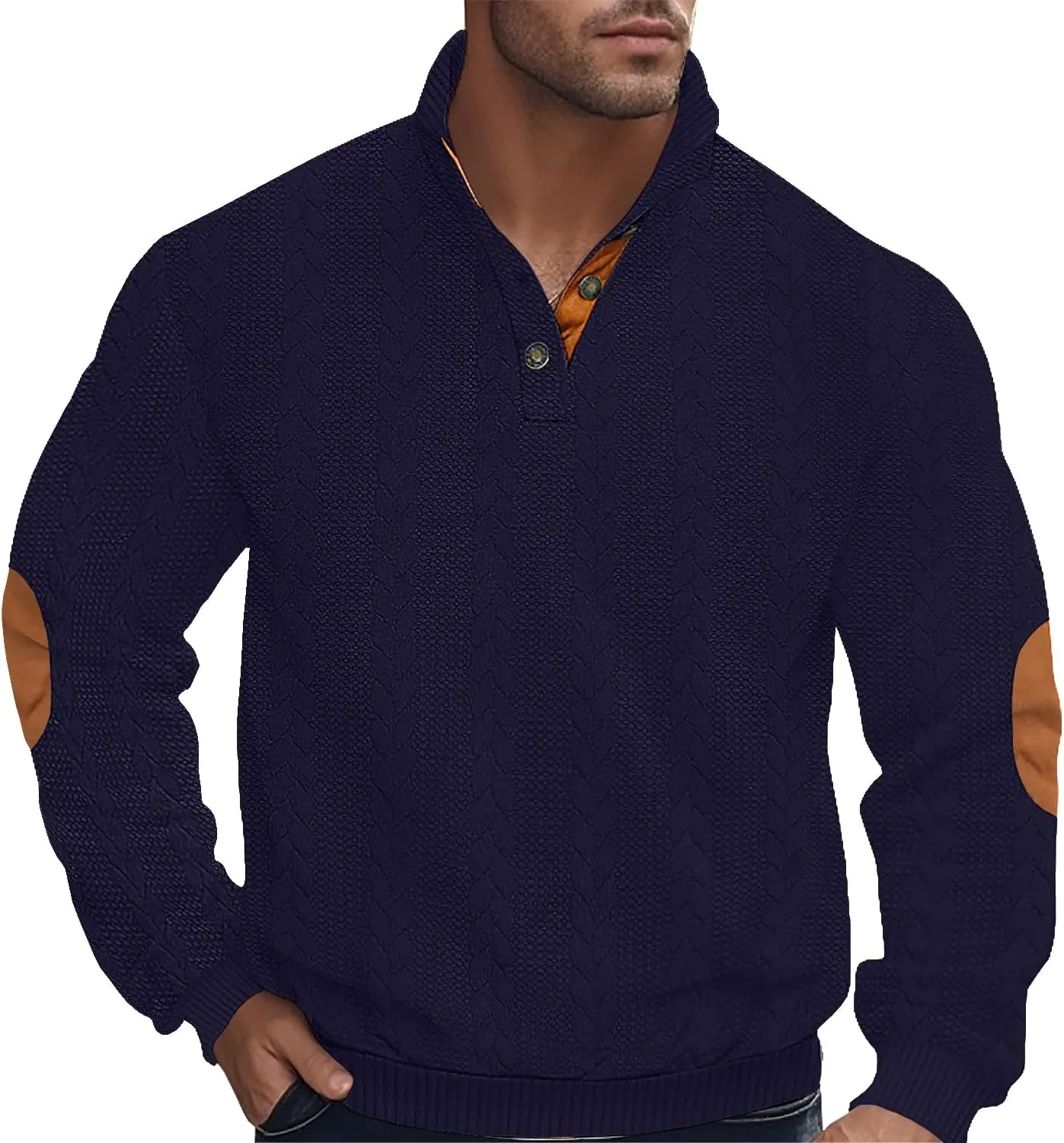 Men's Colorblock Pullover Sweaters Long Sleeve Stand Collar Quarter Button Knitted Sweatshirts Quilted Sweatshirt
