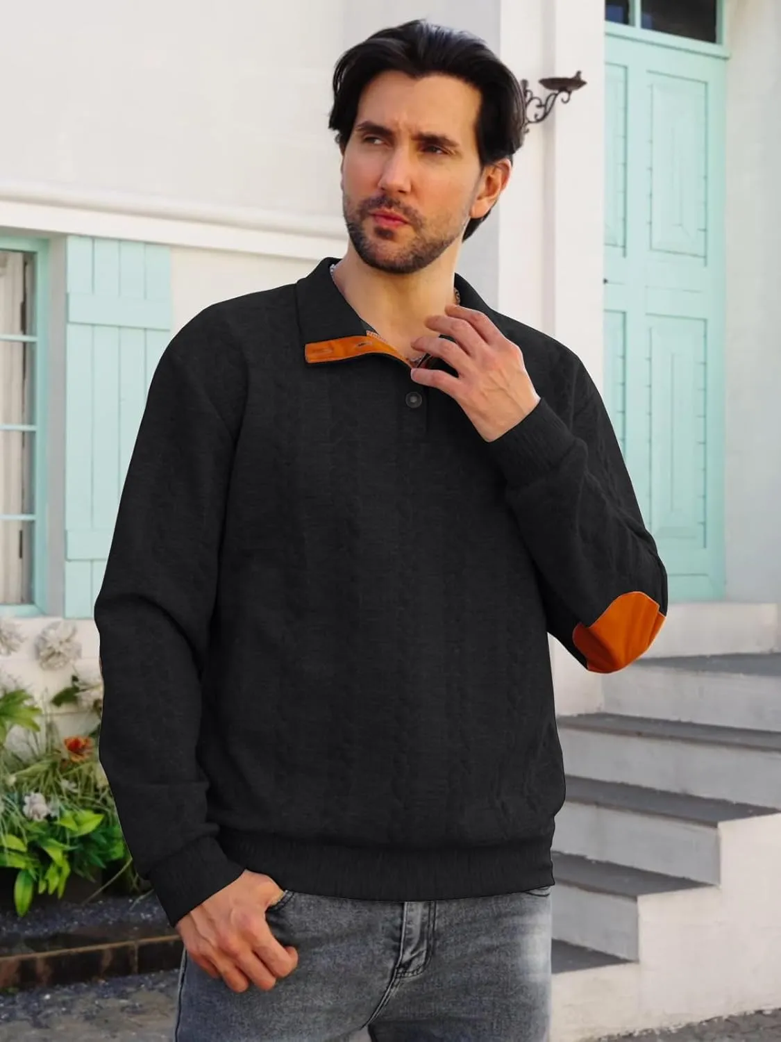 Men's Colorblock Pullover Sweaters Long Sleeve Stand Collar Quarter Button Knitted Sweatshirts Quilted Sweatshirt