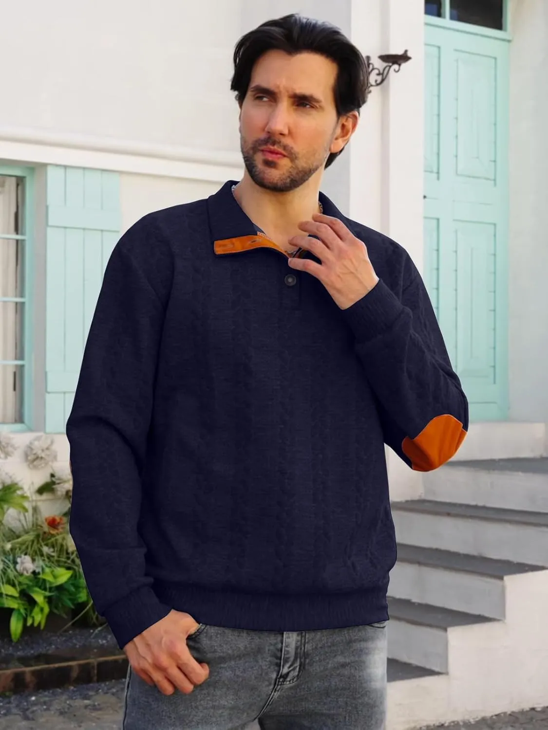 Men's Colorblock Pullover Sweaters Long Sleeve Stand Collar Quarter Button Knitted Sweatshirts Quilted Sweatshirt