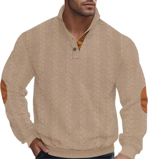 Men's Colorblock Pullover Sweaters Long Sleeve Stand Collar Quarter Button Knitted Sweatshirts Quilted Sweatshirt