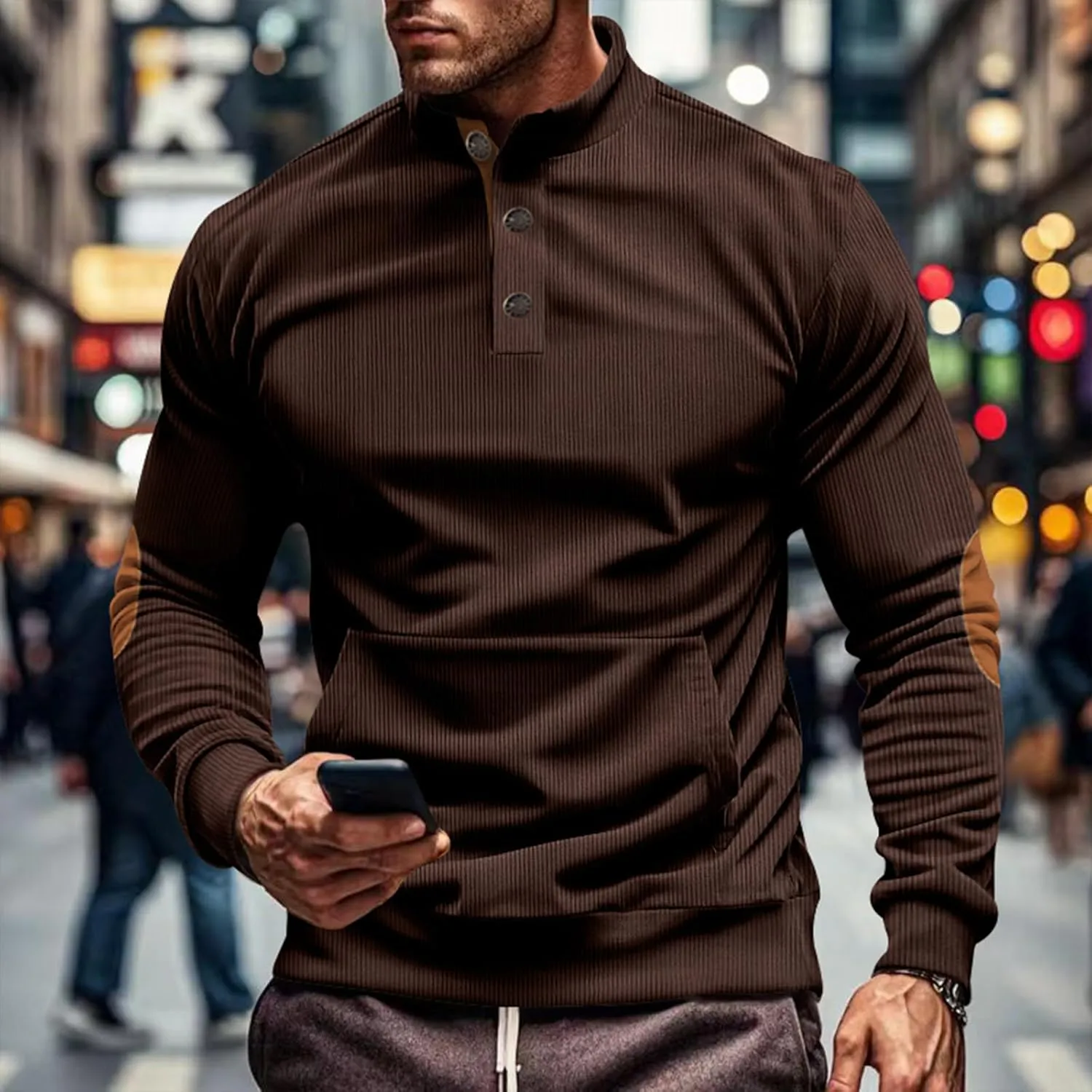 Men's Corduroy Sweatshirt Long Sleeve Casual Stand Collar Button Pullover Quilted Sweatshirts with Pockets