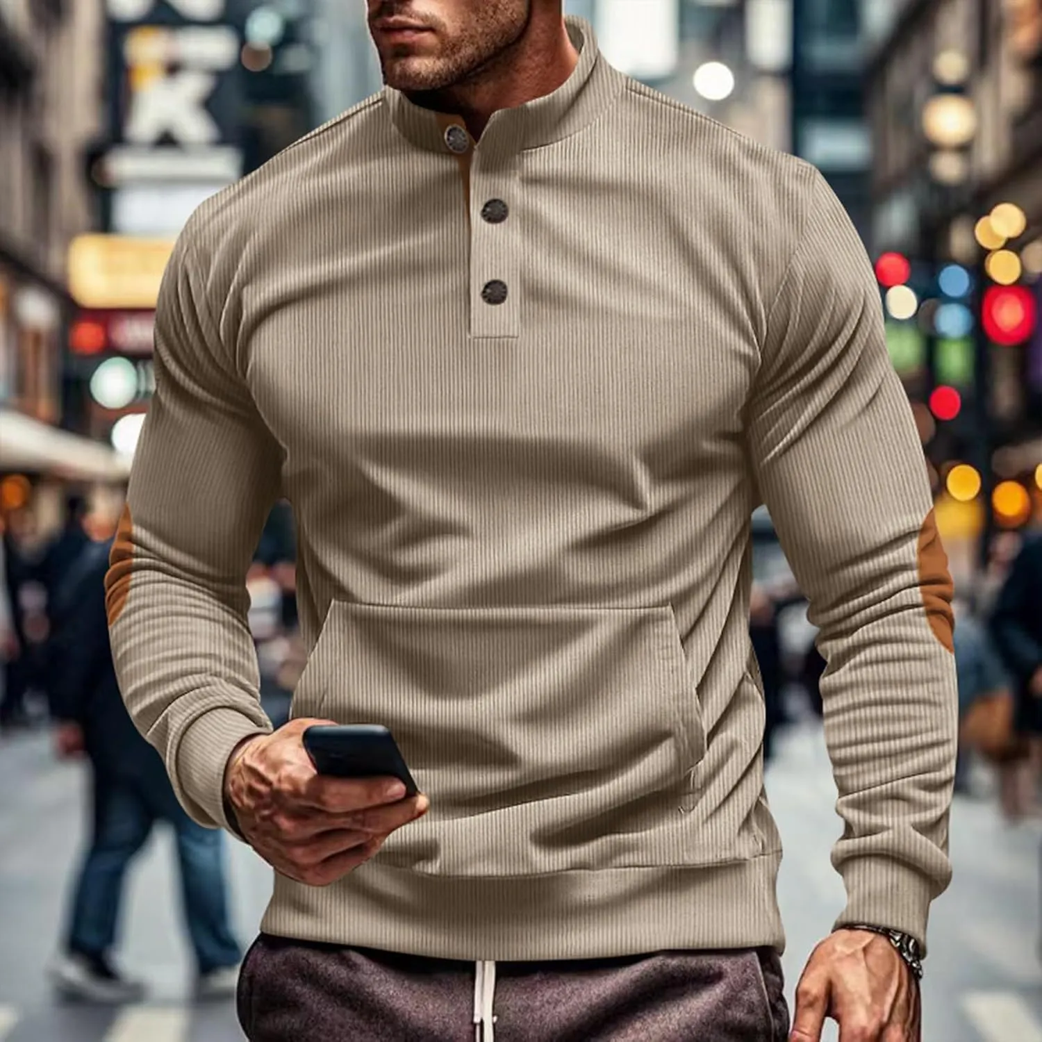 Men's Corduroy Sweatshirt Long Sleeve Casual Stand Collar Button Pullover Quilted Sweatshirts with Pockets