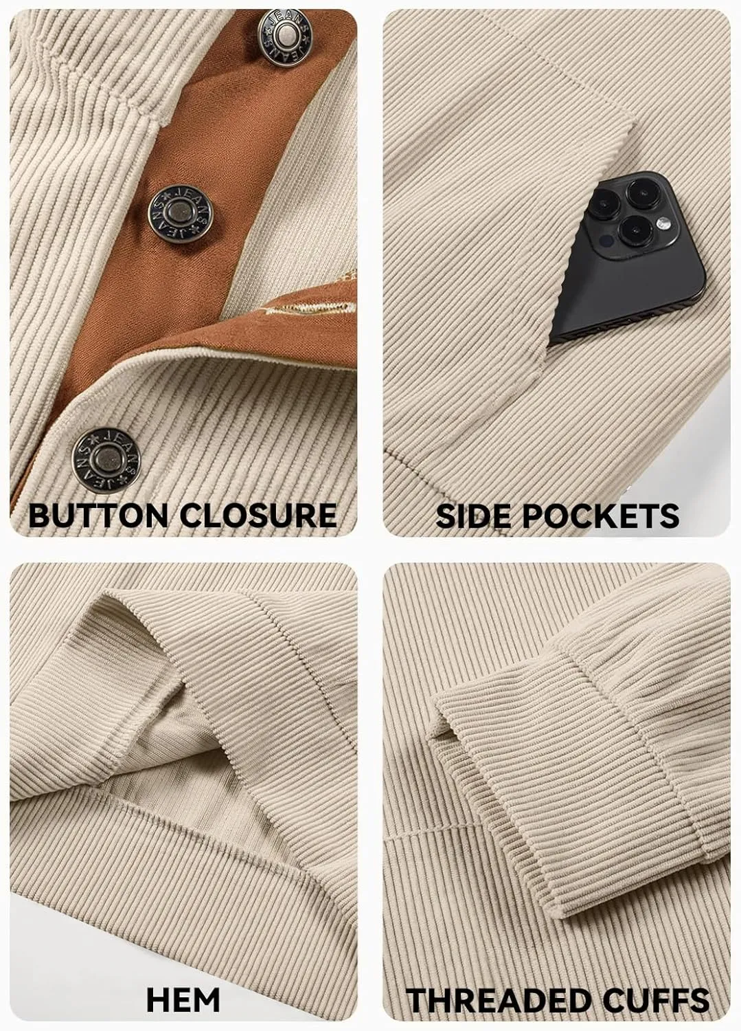 Men's Corduroy Sweatshirt Long Sleeve Casual Stand Collar Button Pullover Quilted Sweatshirts with Pockets