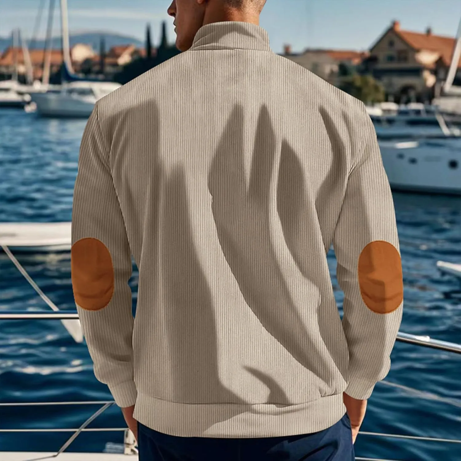 Men's Corduroy Sweatshirt Long Sleeve Casual Stand Collar Button Pullover Quilted Sweatshirts with Pockets