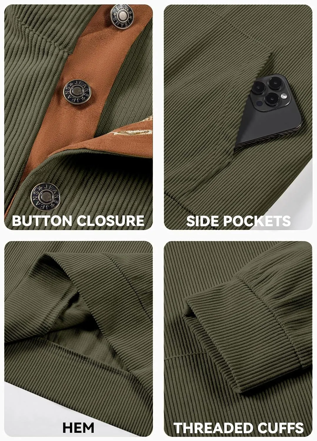 Men's Corduroy Sweatshirt Long Sleeve Casual Stand Collar Button Pullover Quilted Sweatshirts with Pockets