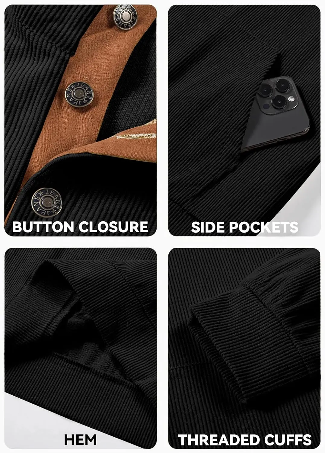 Men's Corduroy Sweatshirt Long Sleeve Casual Stand Collar Button Pullover Quilted Sweatshirts with Pockets
