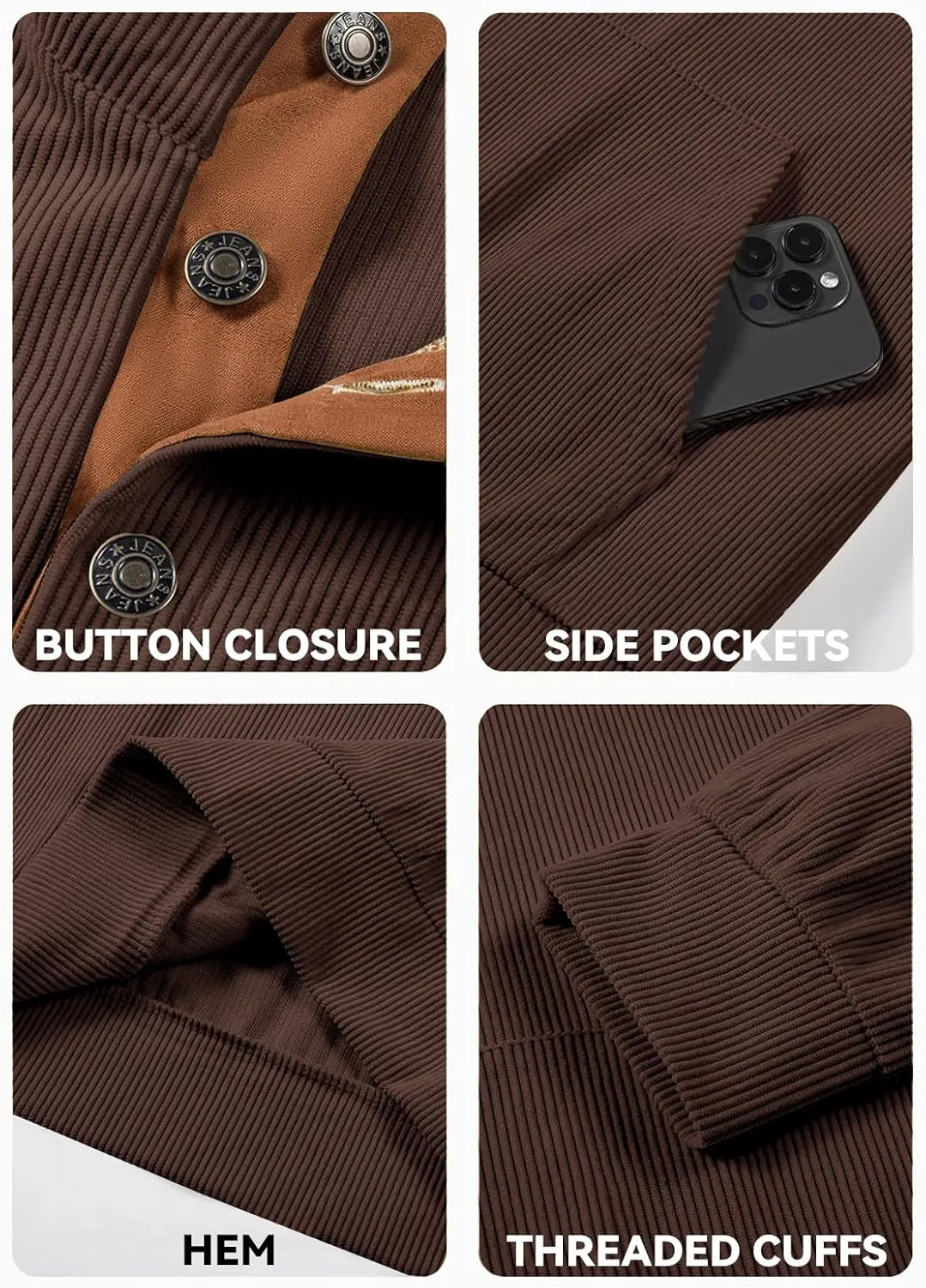 Men's Corduroy Sweatshirt Long Sleeve Casual Stand Collar Button Pullover Quilted Sweatshirts with Pockets