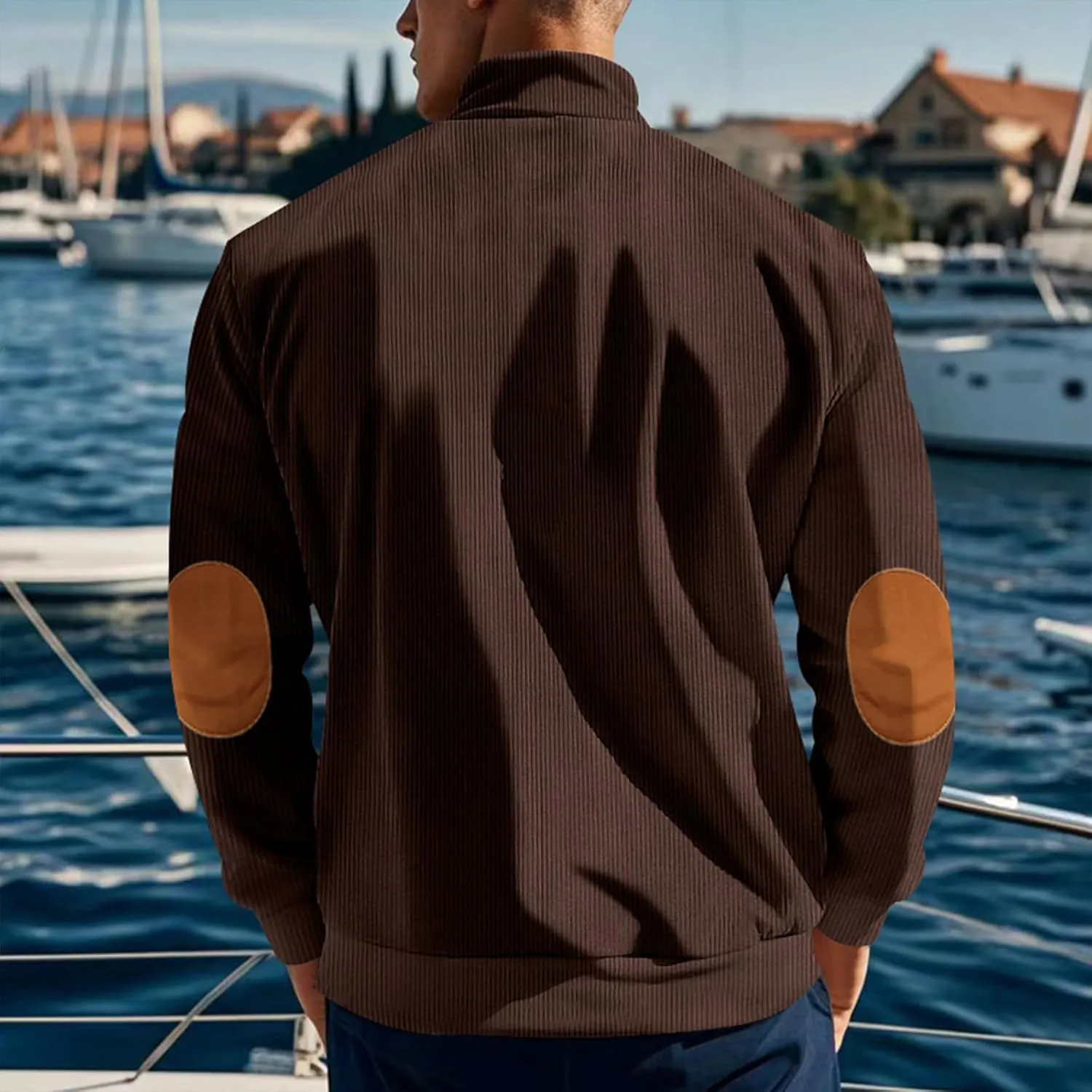 Men's Corduroy Sweatshirt Long Sleeve Casual Stand Collar Button Pullover Quilted Sweatshirts with Pockets