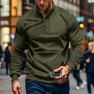 Men's Corduroy Sweatshirt Long Sleeve Casual Stand Collar Button Pullover Quilted Sweatshirts with Pockets