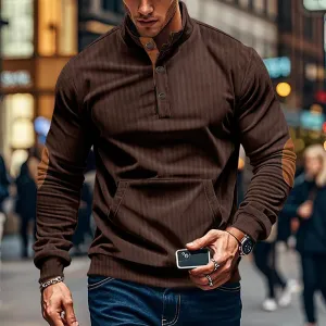 Men's Corduroy Sweatshirt Long Sleeve Casual Stand Collar Button Pullover Quilted Sweatshirts with Pockets