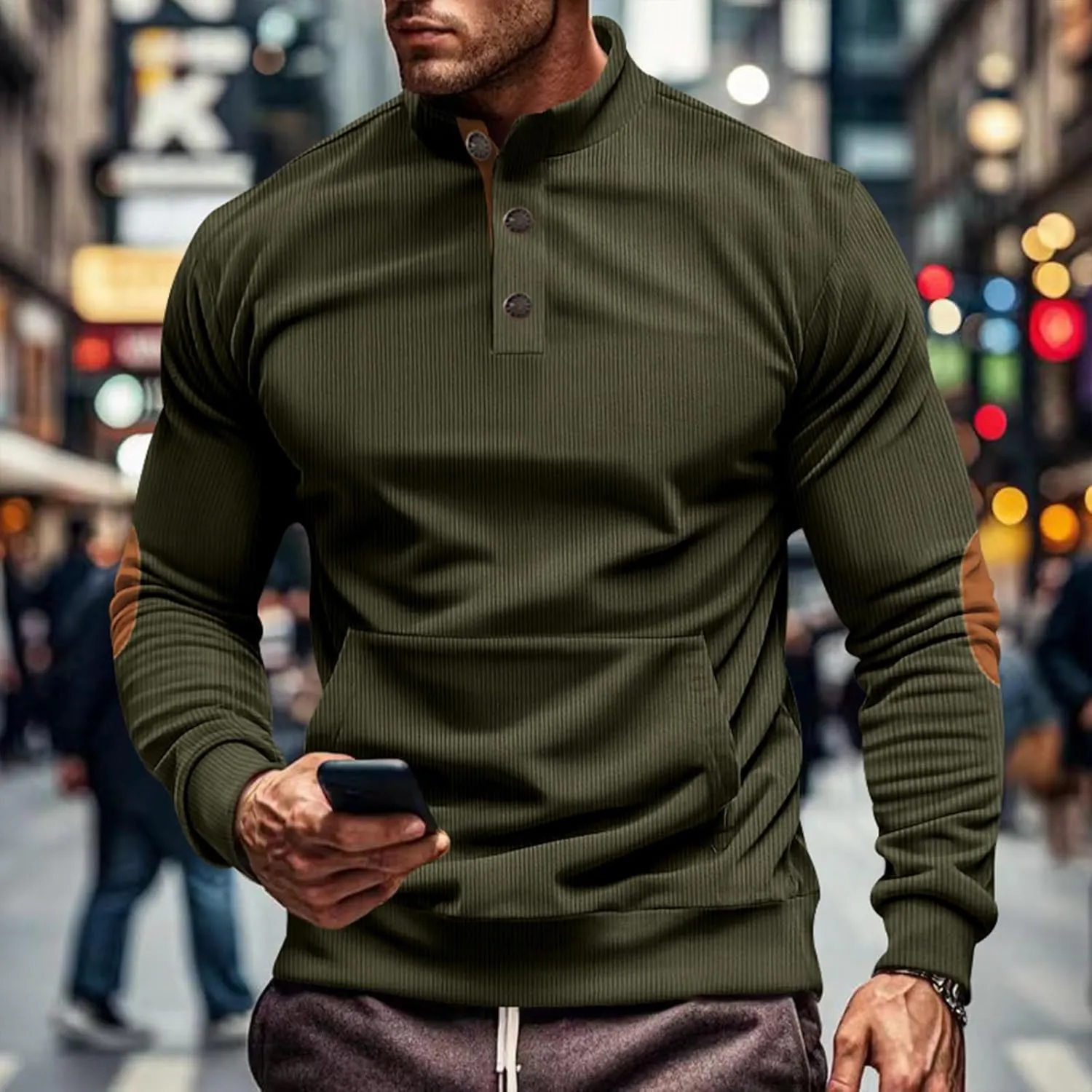 Men's Corduroy Sweatshirt Long Sleeve Casual Stand Collar Button Pullover Quilted Sweatshirts with Pockets