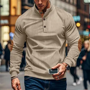 Men's Corduroy Sweatshirt Long Sleeve Casual Stand Collar Button Pullover Quilted Sweatshirts with Pockets