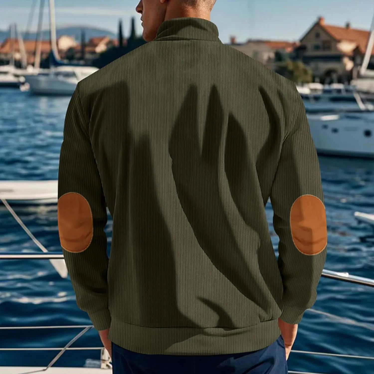 Men's Corduroy Sweatshirt Long Sleeve Casual Stand Collar Button Pullover Quilted Sweatshirts with Pockets