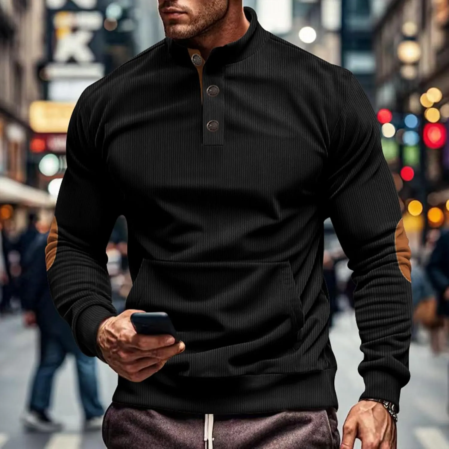 Men's Corduroy Sweatshirt Long Sleeve Casual Stand Collar Button Pullover Quilted Sweatshirts with Pockets
