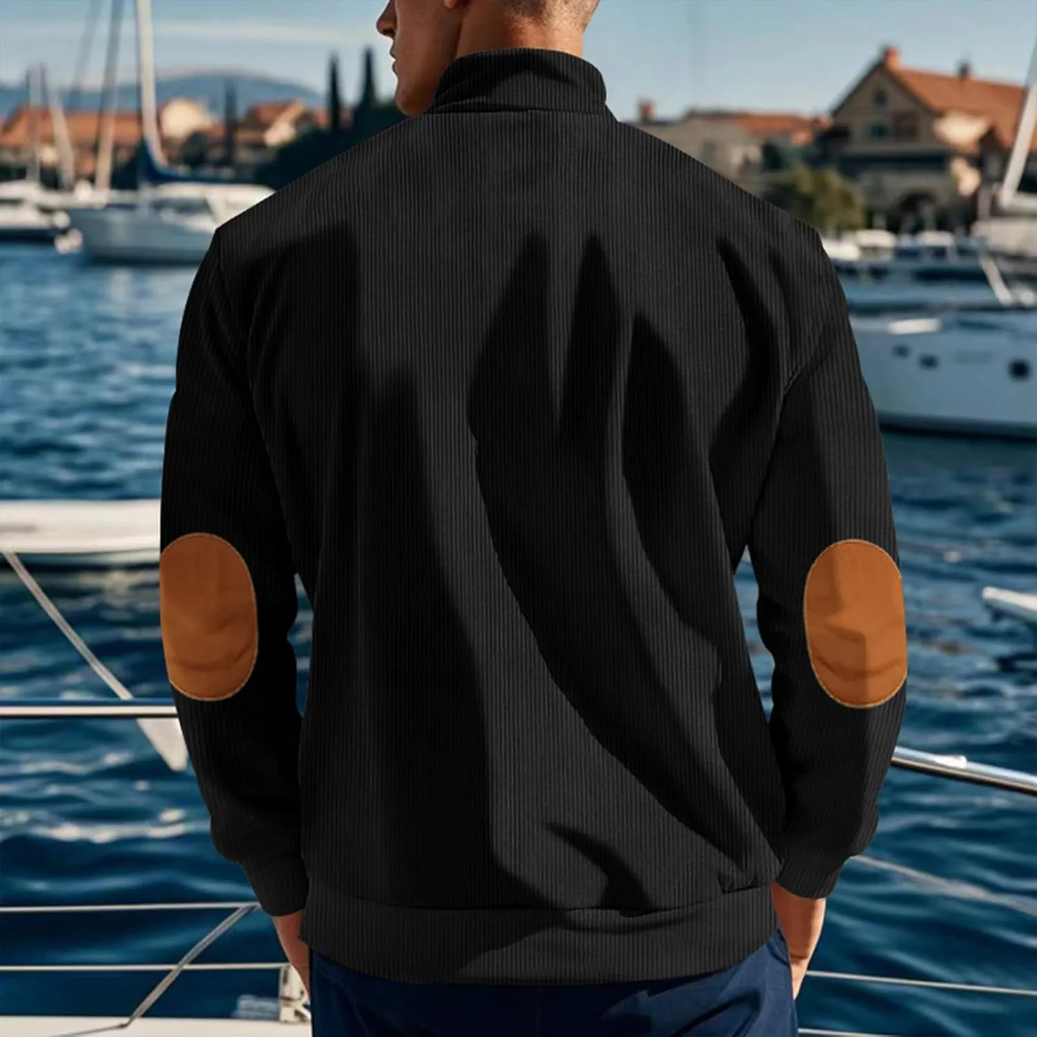 Men's Corduroy Sweatshirt Long Sleeve Casual Stand Collar Button Pullover Quilted Sweatshirts with Pockets