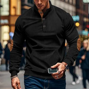 Men's Corduroy Sweatshirt Long Sleeve Casual Stand Collar Button Pullover Quilted Sweatshirts with Pockets